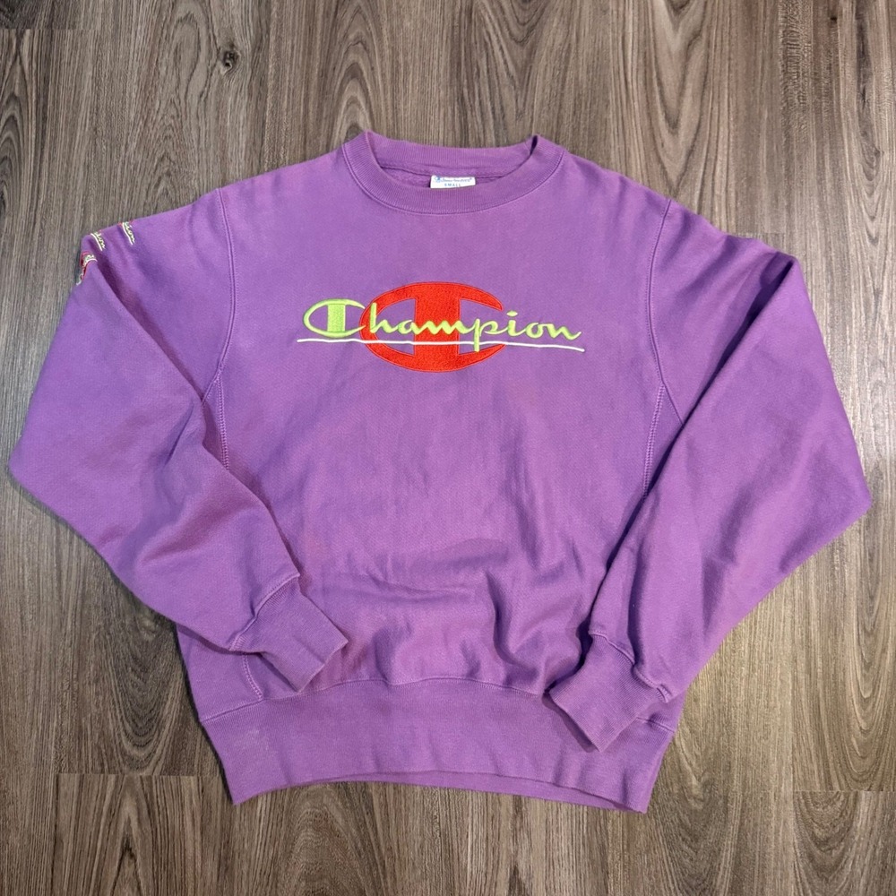 Champion Reverse Weave Purple Crewneck Sweatshirt Small Embroidered Spellout - Picture 1 of 7